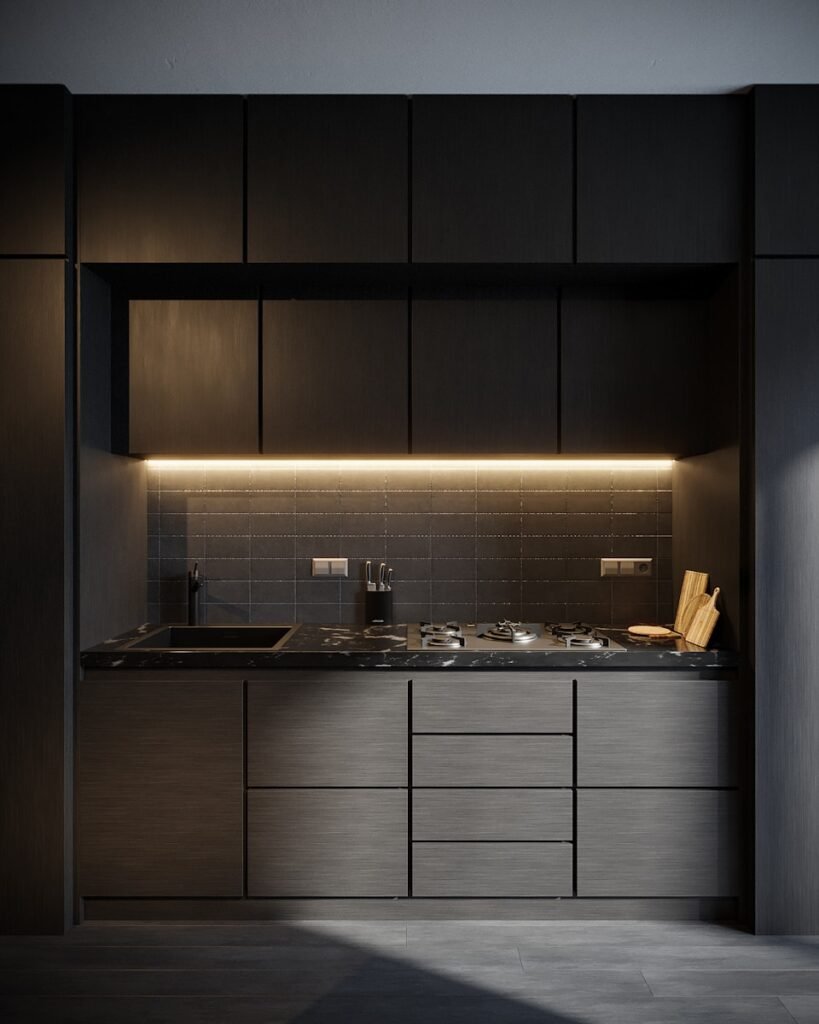 a kitchen with a sink and cabinets